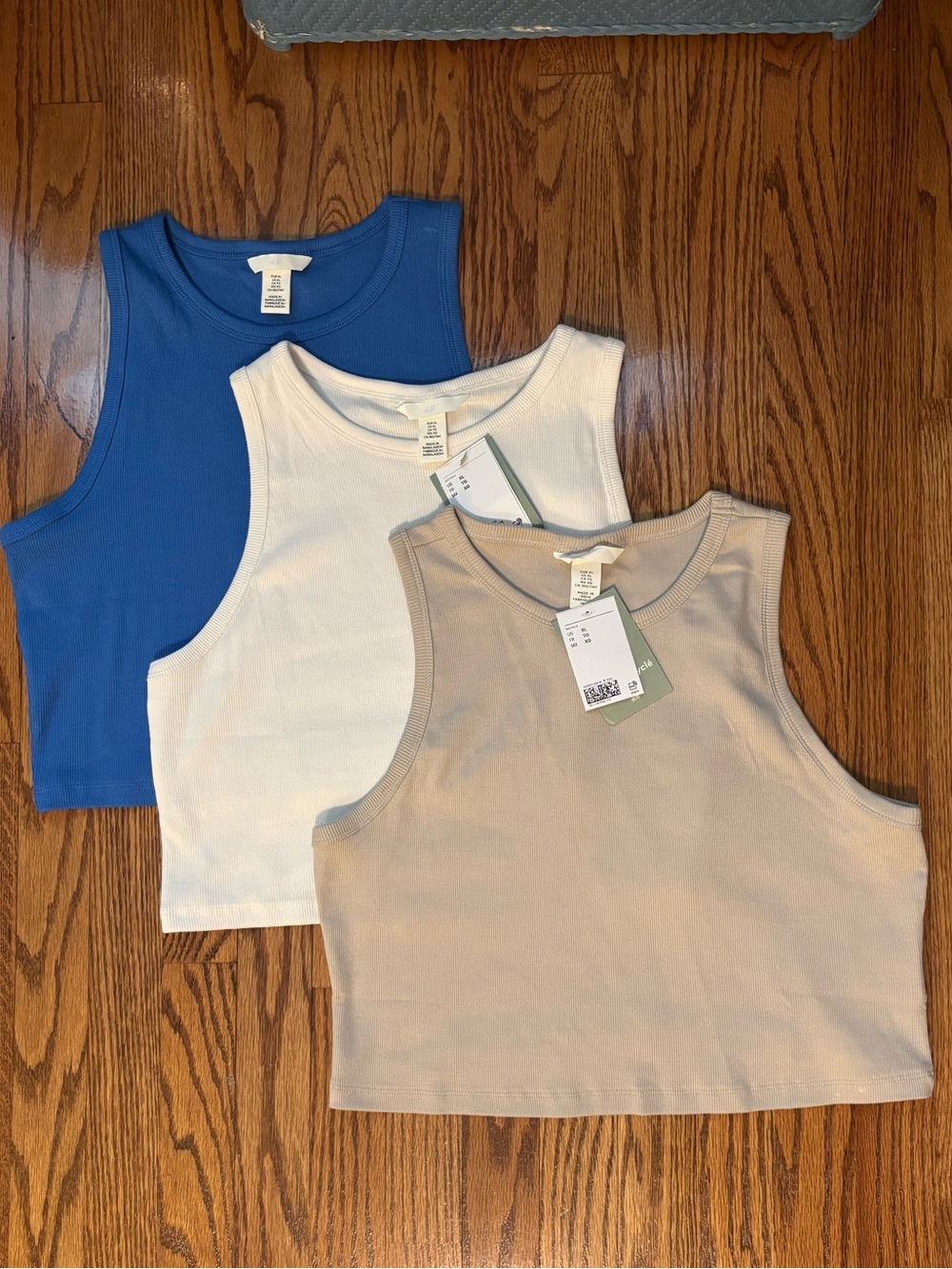 THREE H&M NWT Cream Ribbed Cotton Blend Cropped Tank Tops XL